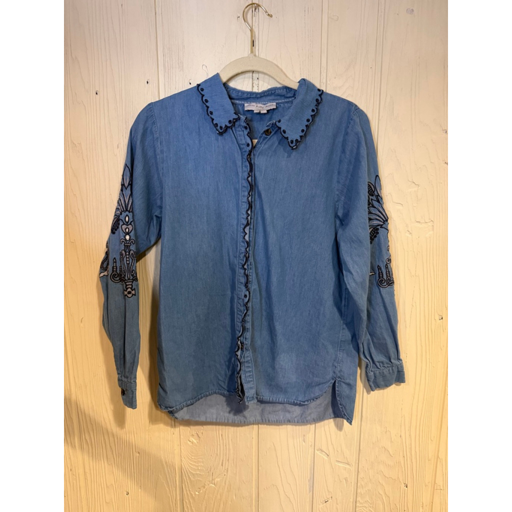 Never Fully Dressed Blue Embroidered Denim Button Down Shirt Size 6